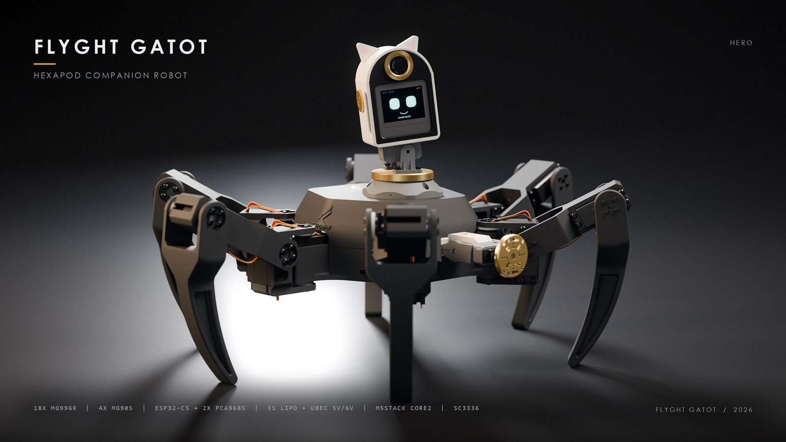 Flyght Gatot terakit lengkap: robot heksapod hitam dengan kepala putih bertelinga kucing