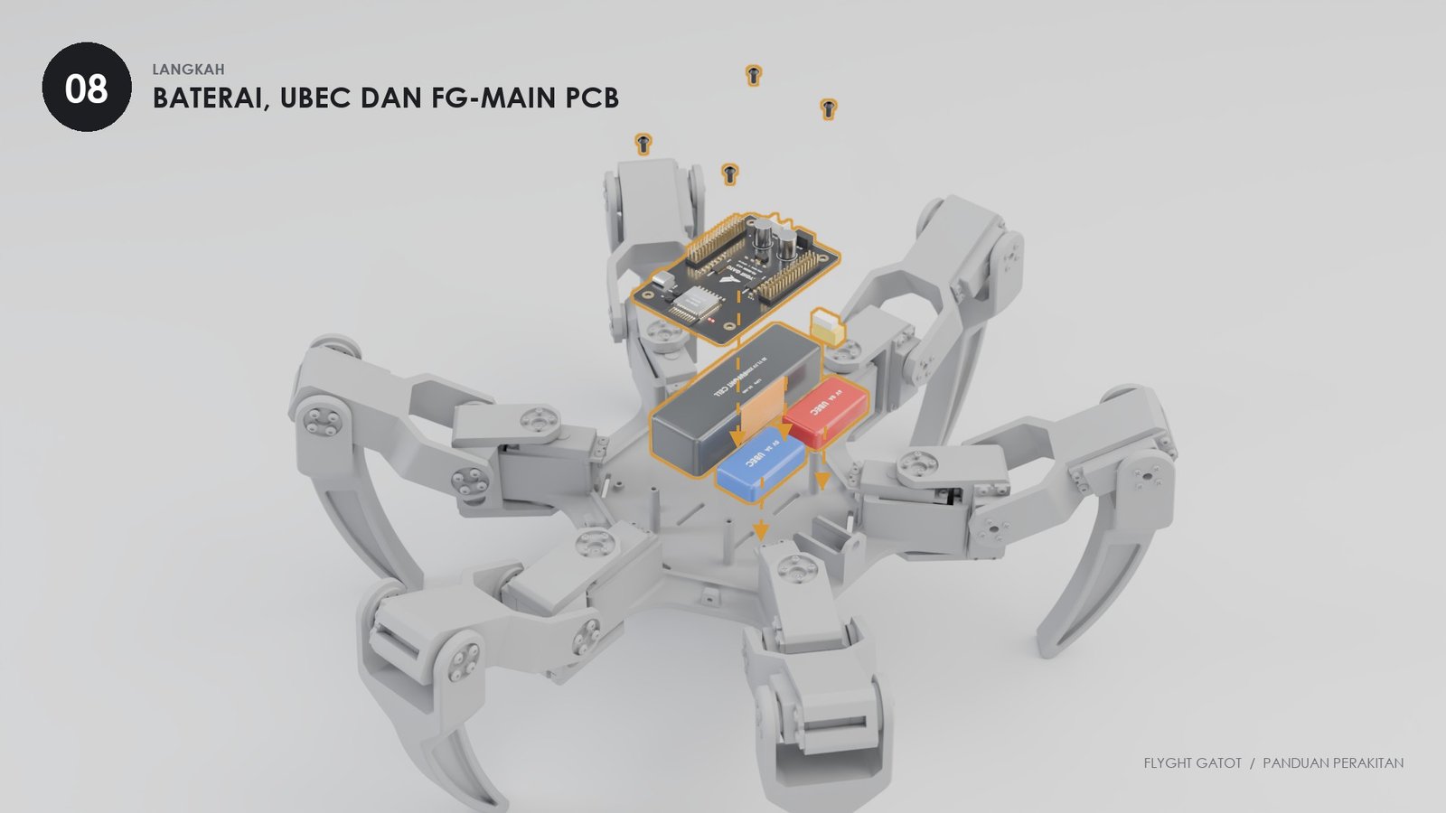 Baterai LiPo dan dua UBEC turun ke Body, PCB FG-MAIN di atasnya