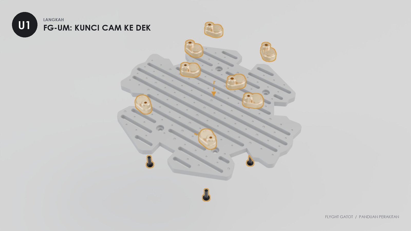 Cam emas turun ke slot dek, baut M3x10 dari bawah