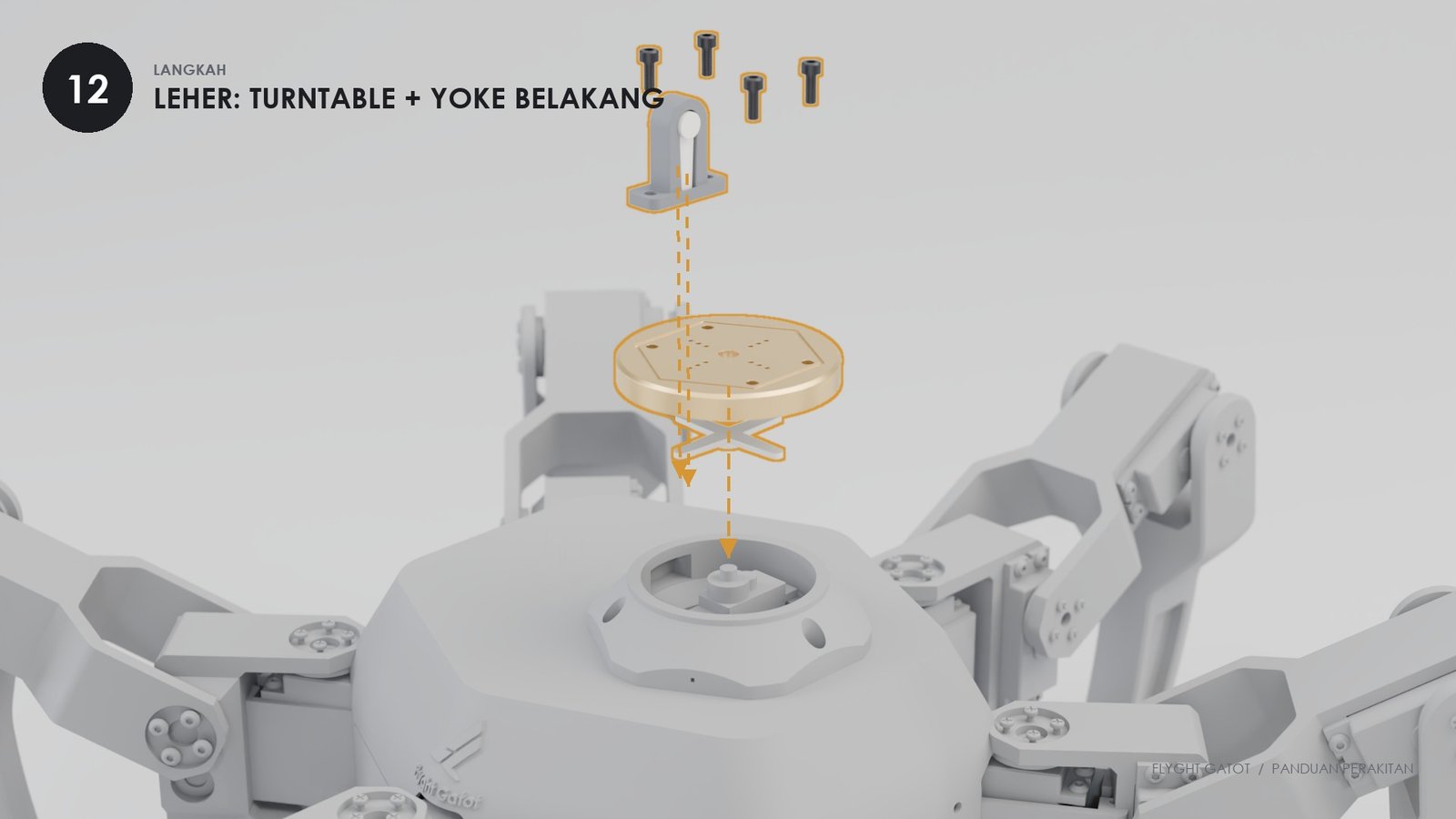 Turntable emas dan yoke belakang turun ke servo yaw