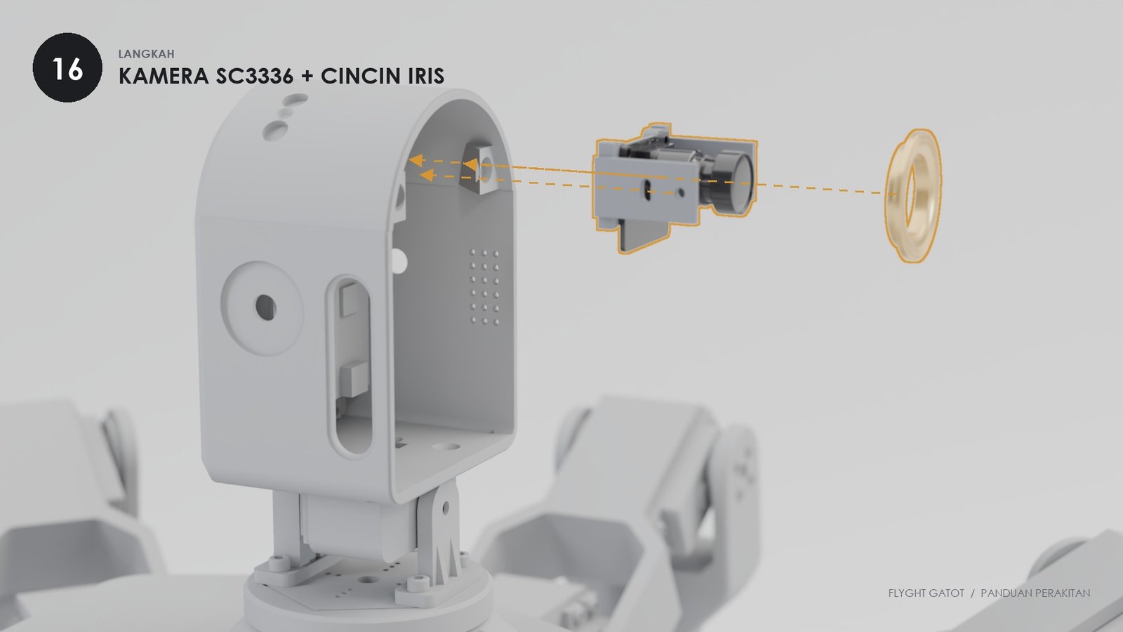 Kamera dan cradle masuk ke kepala, cincin iris emas di depannya